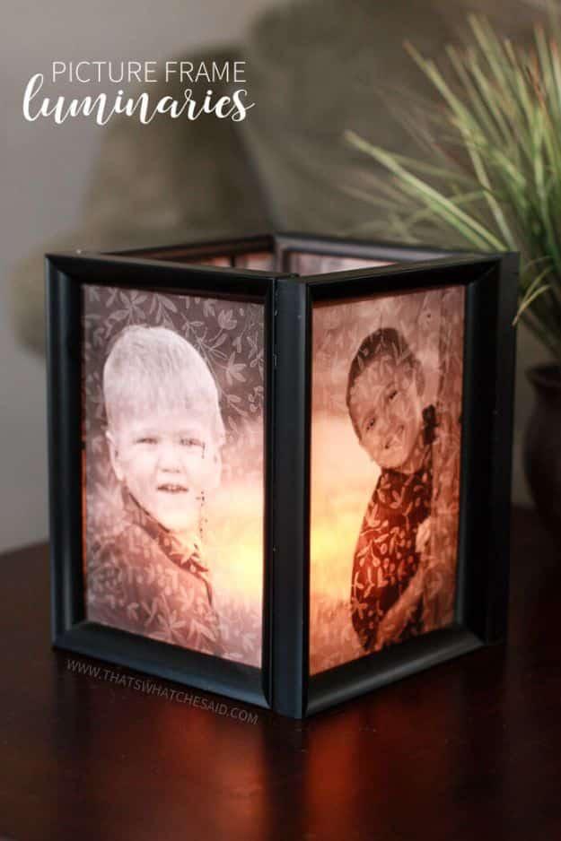 Picture frame luminaries graphic showing a black frame cube glowing with sepia photos of two children