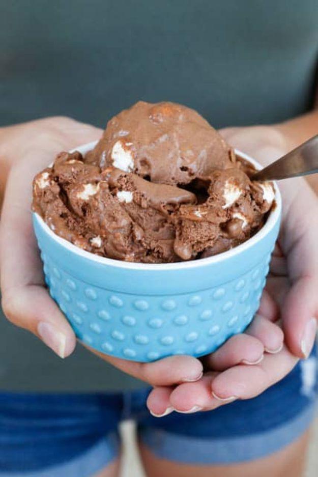 Rocky road ice cream with mini marshmallows and sliced almonds scooped into a bowl, a chocolate dessert