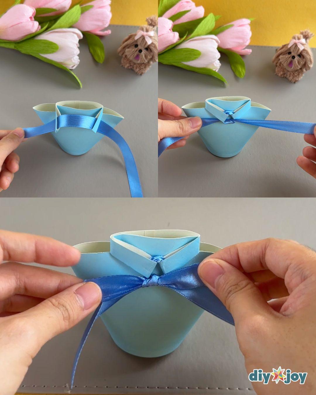 Homemade Fathers Day Paper Cup Shirt Gift — tying the bow