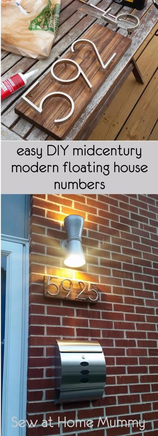 DIY curb appeal house numbers made from stained paint sticks with floating metal numerals mounted on red brick