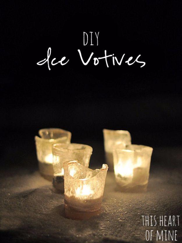 Four frozen ice votive holders glowing with tealights on a dark surface, under a typeset DIY Ice Votives title