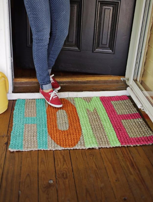 DIY Welcome Mats - Colorfully Painted Welcome Mat - Greet Guests in Style with These Easy and Cheap Home Decor Ideas for Your Entry. Doormat Tutorials for Creative Ways to Cover Yo