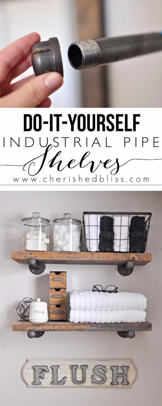 DIY Industrial Pipe Shelves, a clever bathroom storage idea worth trying this weekend and a favorite pick from this roundup