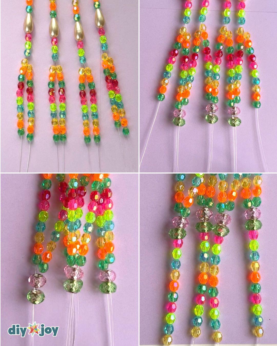 Easy bead projects laid out with a small wooden ring, scissors, painter's tape and glass beads for a lantern hanger