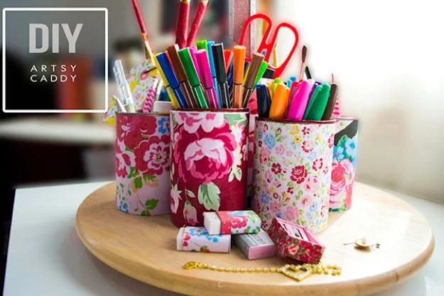 DIY Artsy Caddy, budget friendly using stuff already sitting in a bin and warmth that a plain corner was missing