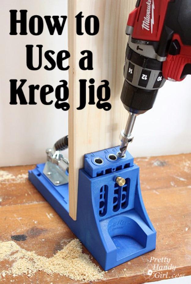 Titled graphic How To Use A Kreg Jig showing a blue pocket hole jig clamped to a board with a red drill boring in
