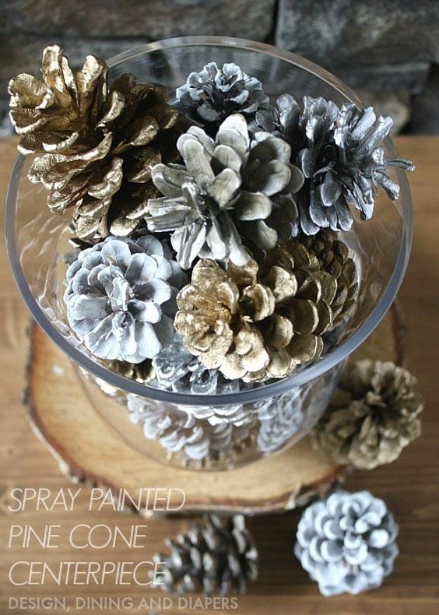 Spray Painted Pinecone Centerpiece, a budget decor upgrade, low effort once the supplies are laid out