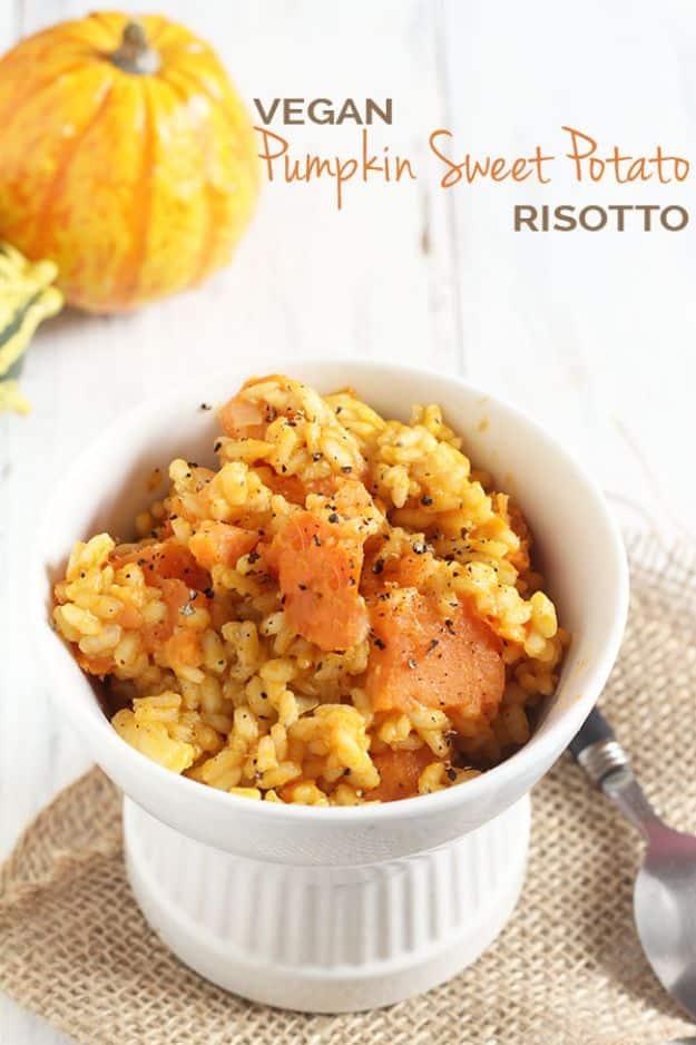 Vegan pumpkin sweet potato risotto graphic with a white ramekin of risotto and a whole pumpkin behind