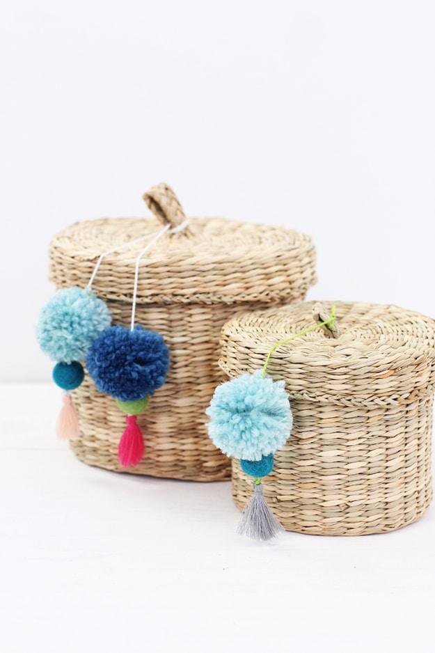 DIY Pom Pom Tassel Basket, a woven storage idea, easy to scale up for a whole batch and a keepsake worth handing down