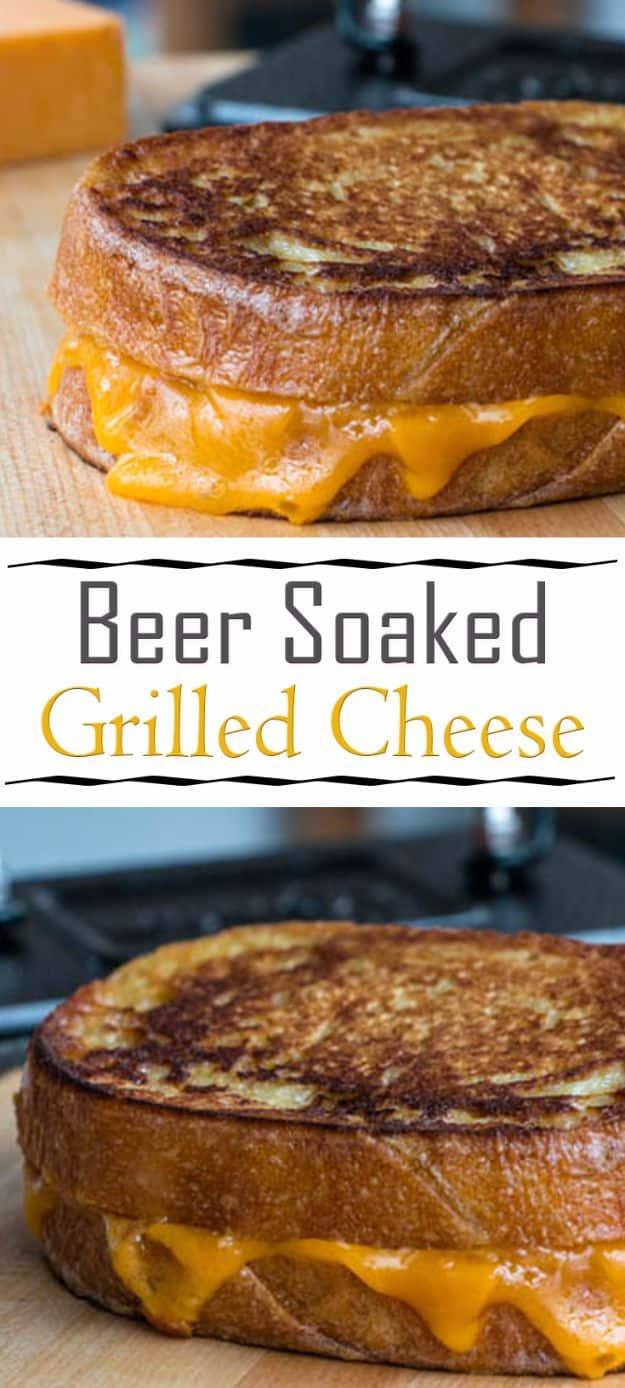 Graphic titled Beer Soaked Grilled Cheese showing two photos of a battered sandwich with melting cheddar
