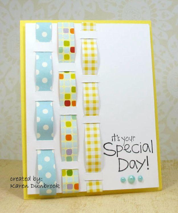 DIY birthday card idea: a woven wishes card made from colorful washi tape in whatever colors are on hand