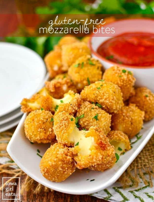 Gluten free mozzarella bites fried golden and crisp, served with warm marinara for dipping as a party appetizer