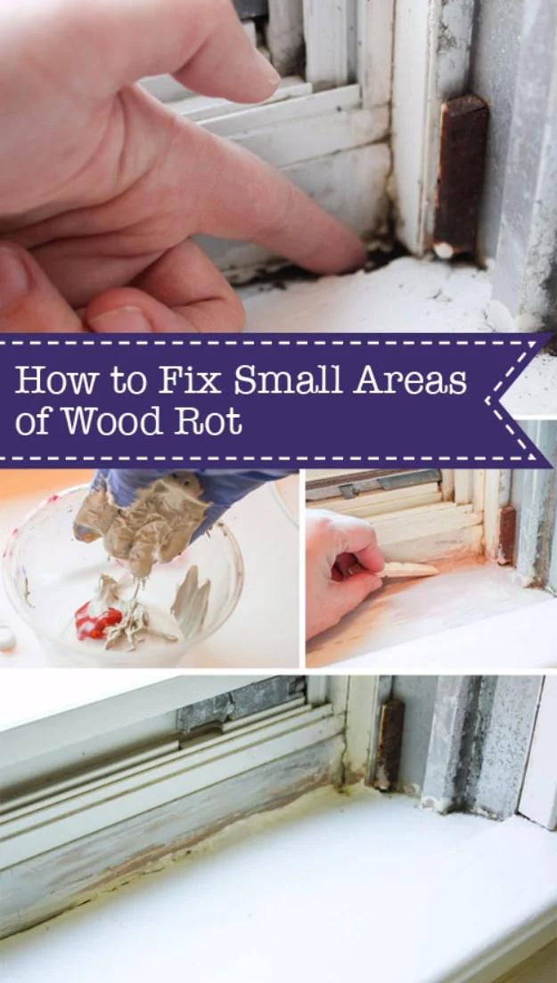 DIY home repair: a four photo collage of wood rot on a window sill being scraped, filled with Bondo and smoothed