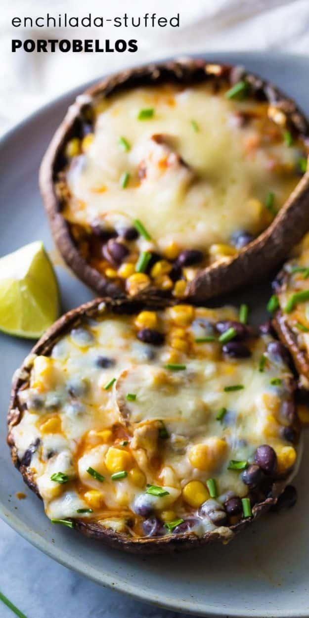 Enchiladas - Enchilada Stuffed Grilled Portobello Mushrooms - Best Easy Enchilada Recipes and Enchilada Casserole With Chicken, Beef, Cheese, Shrimp, Turkey and Vegetarian - Health