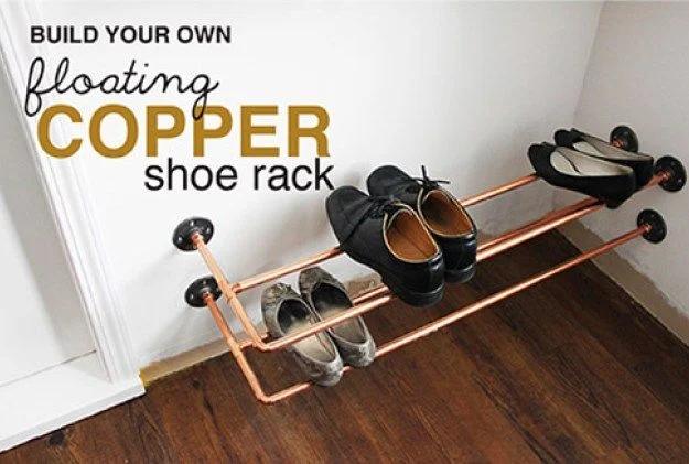 Floating Copper Shoe Rack, an entryway storage idea, easy to scale up for a whole batch and a keepsake worth handing down