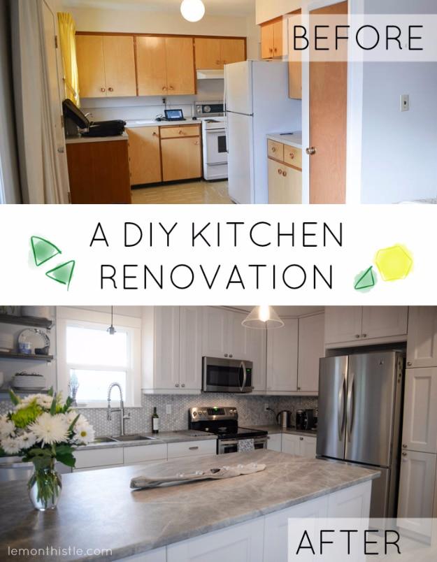 Before and after of a dated wood kitchen, then white cabinets, grey laminate island, hexagon backsplash and pendant lights