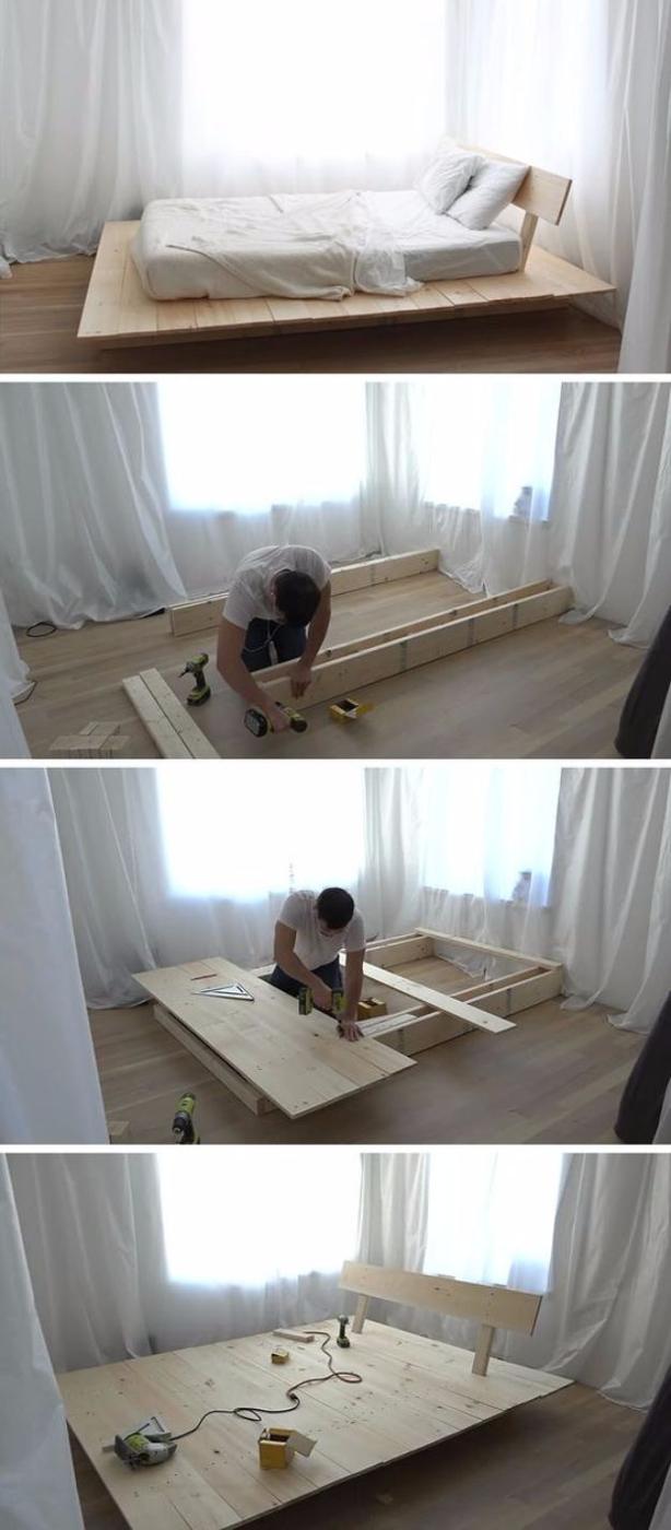Four panel photo of a pale wood platform bed with three smaller photos of the frame being assembled on the floor
