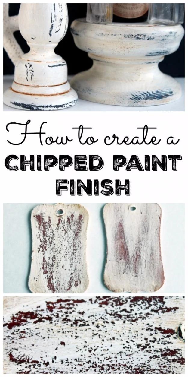 DIY chipped paint finish, white top coat flaking off a dark red undercoat on small wooden plaques on a blue surface