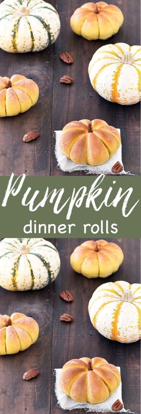 Pumpkin dinner rolls shaped with kitchen string into ridged pumpkins and baked golden on a wooden board
