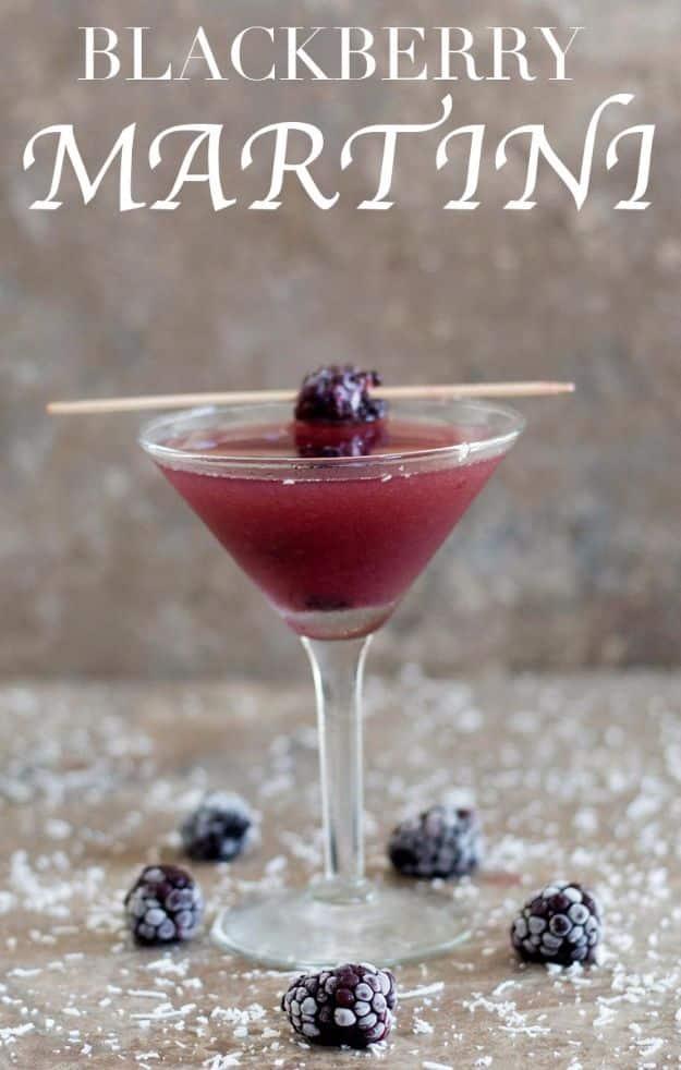 Typeset graphic reading Blackberry Martini over a martini glass of deep purple cocktail with a blackberry