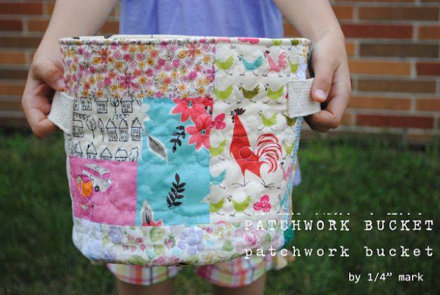 DIY Storage Baskets - Patchwork Bucket - Cheap and Easy Ideas for Getting Organized - Creative Home Decor on A Budget - Farmhouse, Modern and Rustic Basket Projects