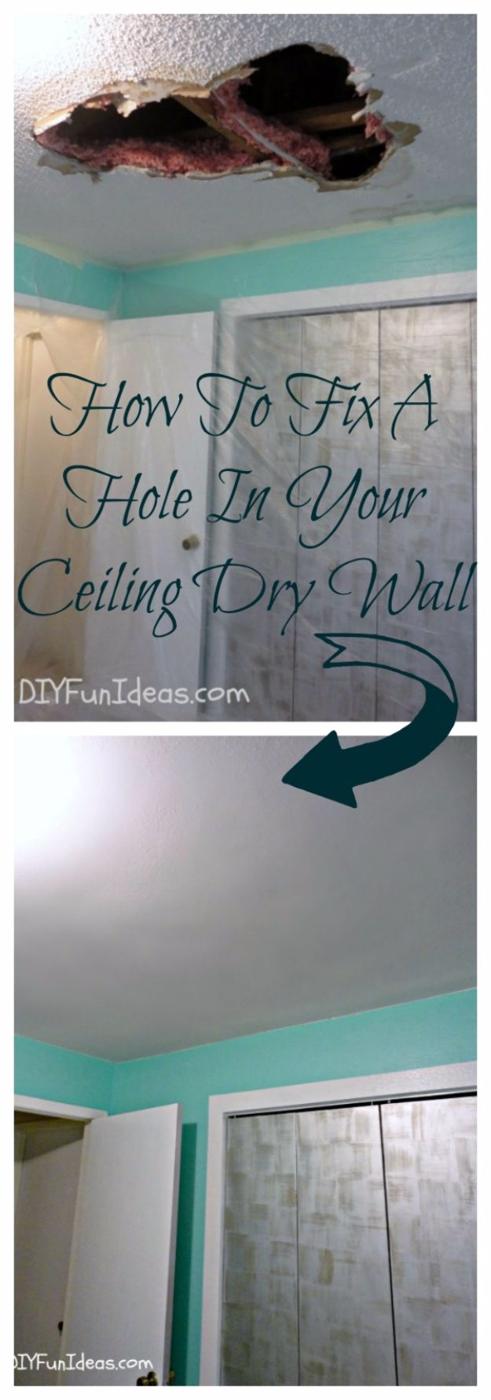 How to Fix a Hole in Your Ceiling Drywall graphic with a ragged hole above a teal wall and the finished ceiling