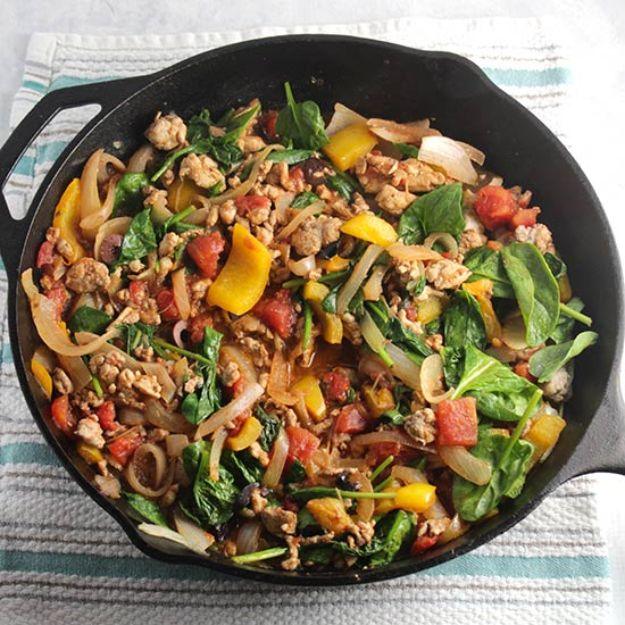 Ground Turkey Recipes - Greek Turkey Spinach Skillet- Healthy and Easy Turkey Recipe Ideas for Dinner, Lunch, Snack - Quick Crockpot and Instant Pot, Casserole, Meatballs, Pasta an