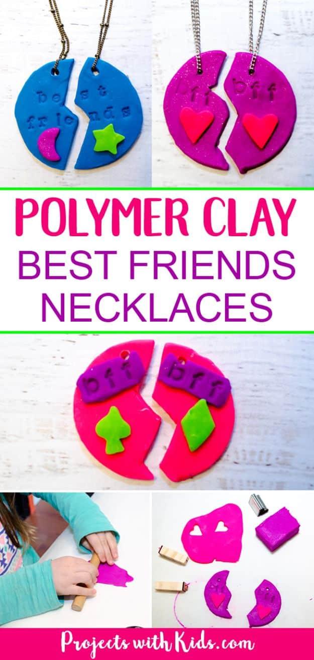 Polymer clay best friend necklaces in blue and pink, with each round pendant split into two matching halves