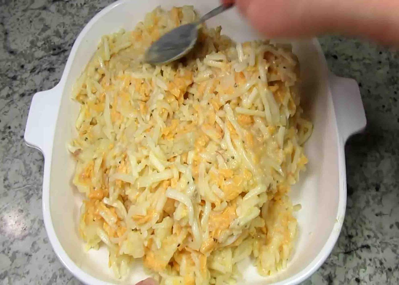 Assembling the cracker barrel hash brown casserole