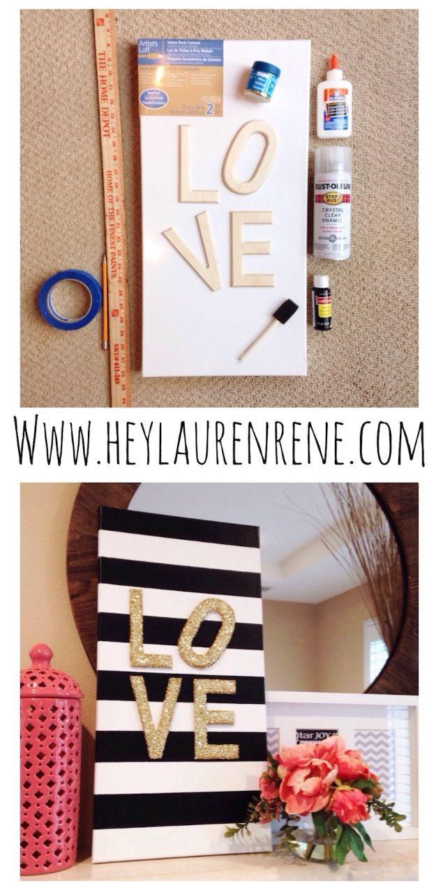 Gold glitter LOVE letters on a black and white striped canvas, a two panel supplies and finished collage