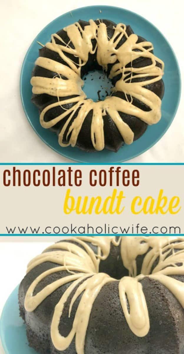 Chocolate coffee bundt cake with pale espresso glaze drizzled down the ridges, sitting on a teal plate