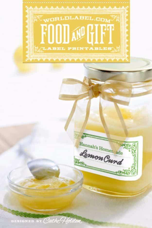 Printable food and gift labels on a jar of homemade lemon curd with a cream bow, a free printable craft idea