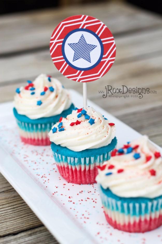 Layered red white and blue cupcakes that look time consuming to make but come together quick for the whole family