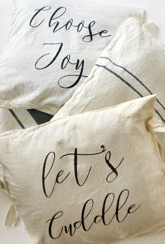 DIY No-Sew Farmhouse Pillow Covers, an idea that is easy to recreate at home and one of the more clever picks on this list