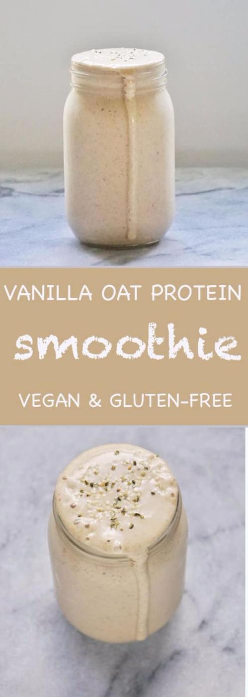 Tan text band reading Vanilla Oat Protein Smoothie between two photos of jars of creamy tan smoothie on marble