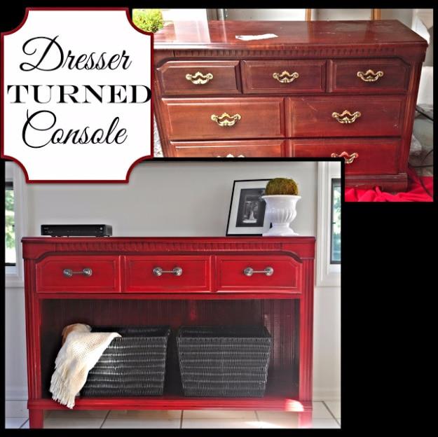Dresser Turned Console, an upcycled furniture idea worth trying at home and an idea worth saving for later