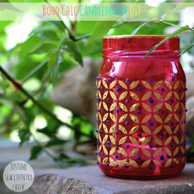 Easy Boho Chic Mason Jar Candle Holders, an easy DIY using a jar and basic supplies and a budget friendly summer craft idea