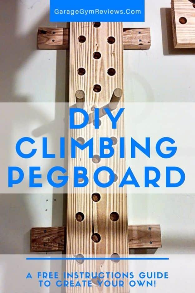 Typeset DIY Climbing Pegboard title over a photo of a drilled wooden plank with two pegs set mid board