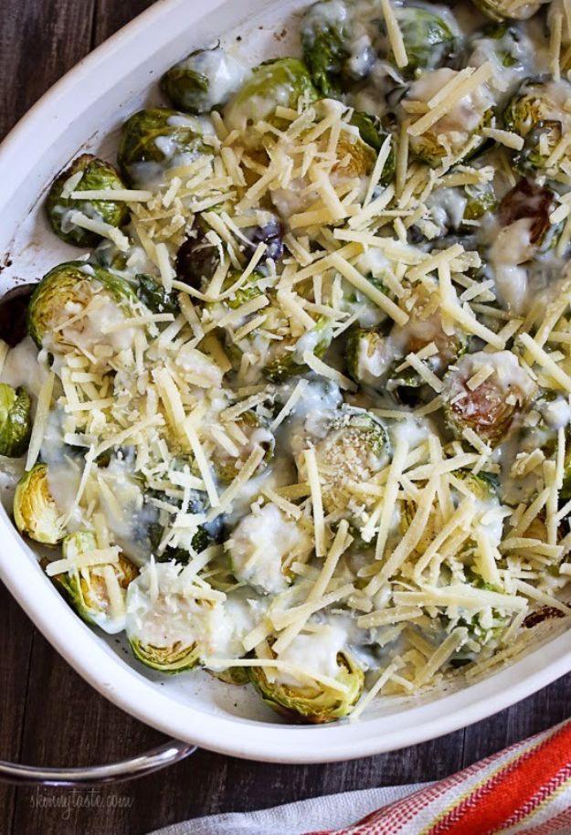 Brussels sprouts gratin roasted crisp under a Gruyere and parmesan cheese sauce in a shallow gratin dish