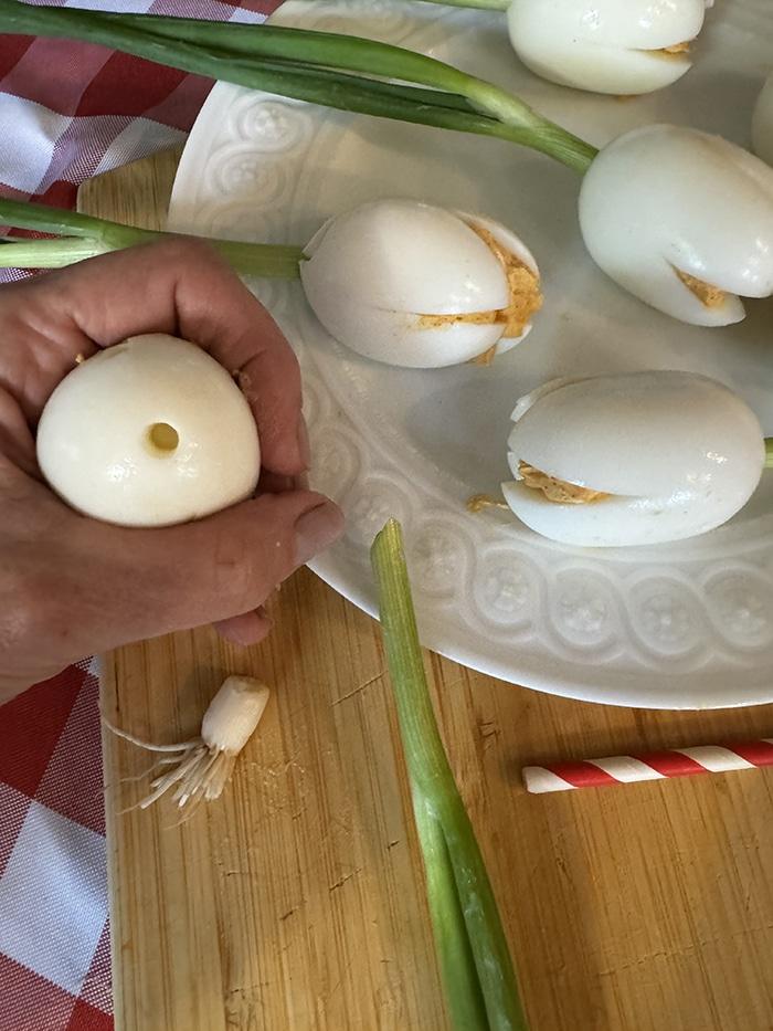 Deviled egg bouquet craft idea — making egg deviled bouquet add green onion