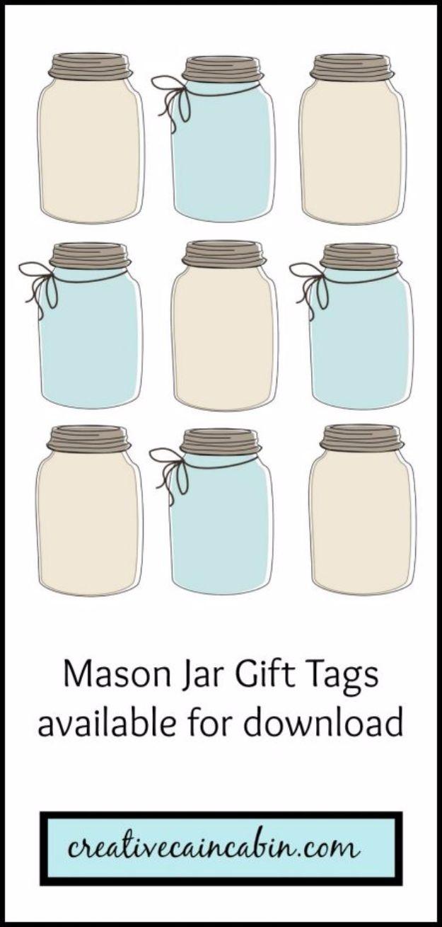 Mason jar gift tags printable sheet of nine illustrated jar shapes in cream and pale blue, several with drawn bows