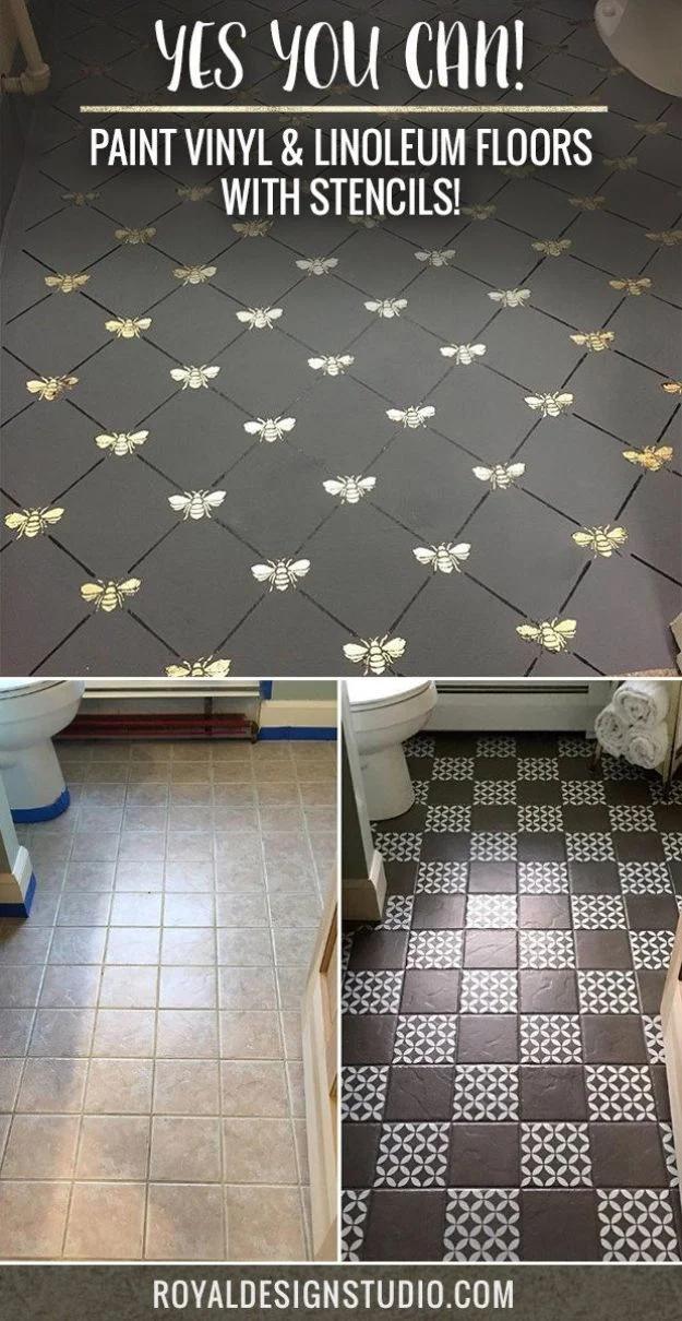 Painted vinyl floor with stencils, charcoal tiles stenciled with gold bees shown above a before and after pair