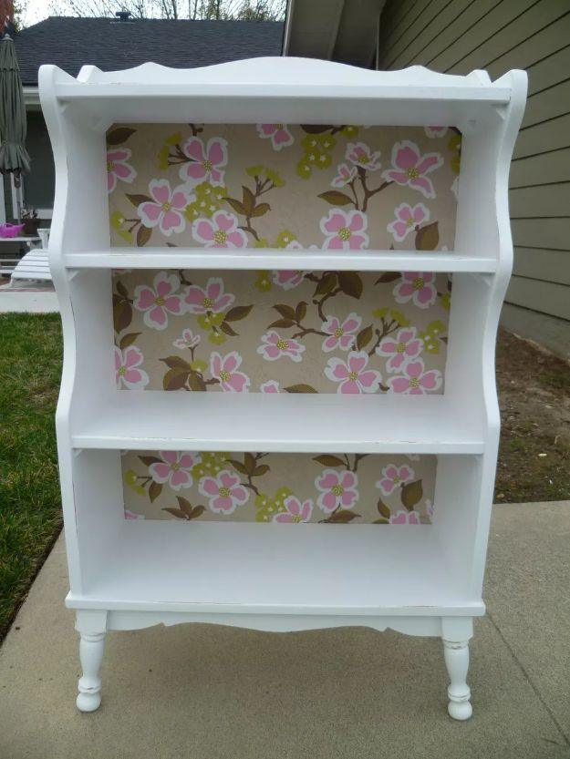 Girly Bookcase Makeover, forgiving enough for a first attempt and a nice way to make a plain corner feel finished