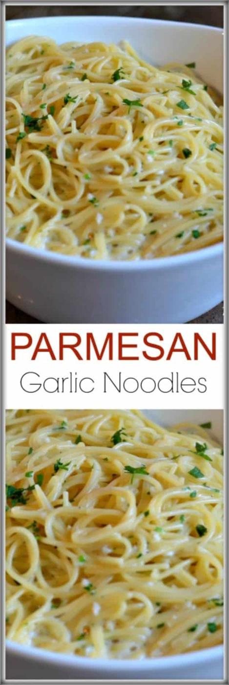 Graphic titled Parmesan Garlic Noodles showing two white bowls of creamy angel hair pasta with parsley