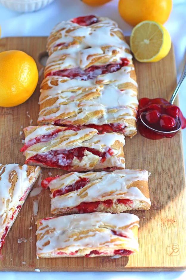 Lemon cherry cheese danish braid made with crescent dough, filled with cream cheese and cherry pie filling