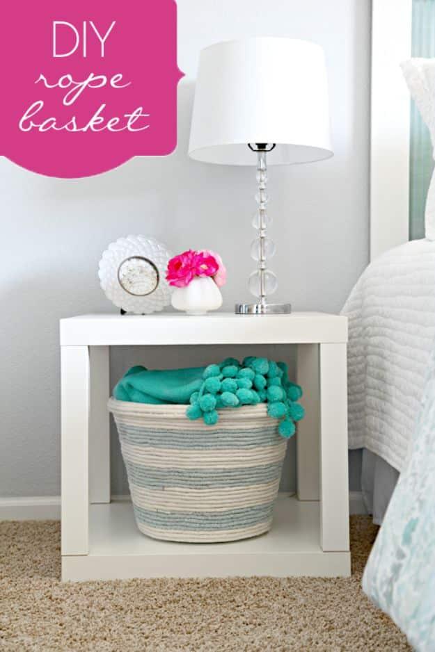 DIY rope basket graphic with a striped rope basket of teal yarn under a white side table beside a bed