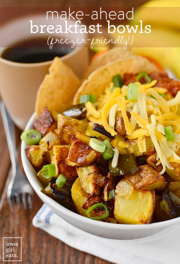 Typeset pin graphic of a white bowl of roasted potatoes and green pepper heaped with shredded cheddar and green onion