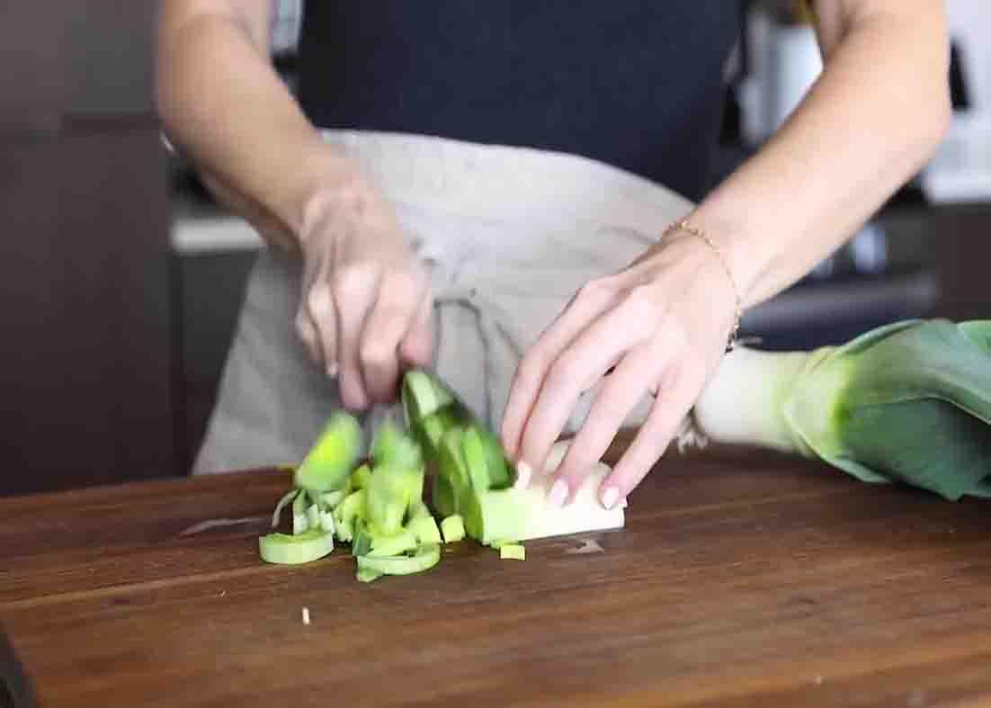 Chopping the leeks for the potato leek soup