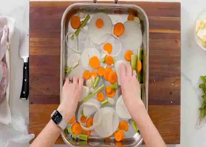 Preparing the roasting pan for the spatchcock turkey