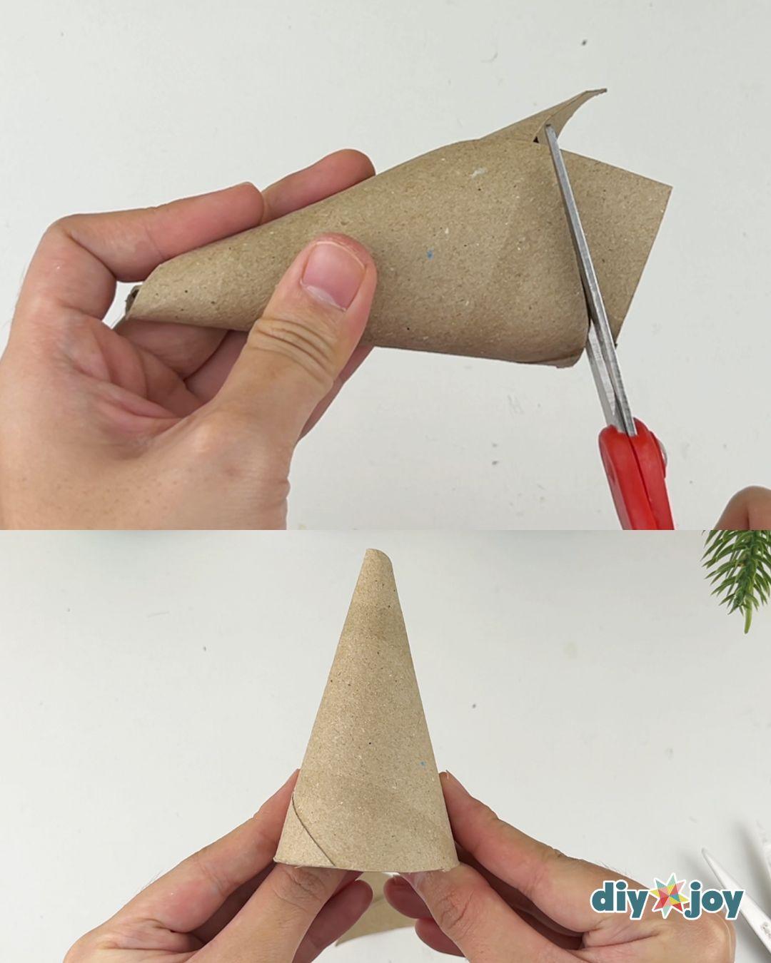 DIY Ideas - two panel photo of scissors trimming the pointed tip off a cardboard cone and the trimmed cone standing upright in two hands